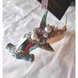 Set Of Two Blown Glass Jeweled Shark Christmas Ornaments